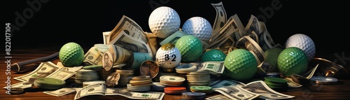 A pile of cash, golf balls, and poker chips represents the high stakes and luxury associated with gambling and sports betting in a dark setting. photo