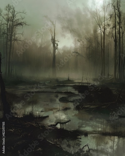 Eerie Swamp with Molasses Filled Fog Shrouding the Mysterious Landscape