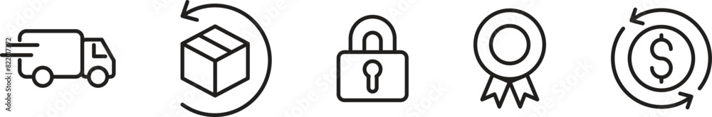 E-commerce security badges risk-free shopping icons set. Express Shipping, Supply and more. Editable Stroke E-commerce security badges risk-free shopping icons set. Express Shipping, Supply and more. Editable Stroke