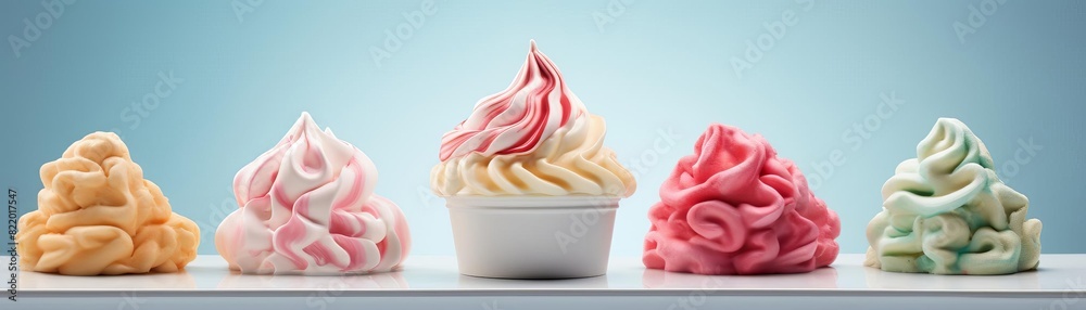 Colorful swirls of soft serve ice cream in vibrant hues arranged ...