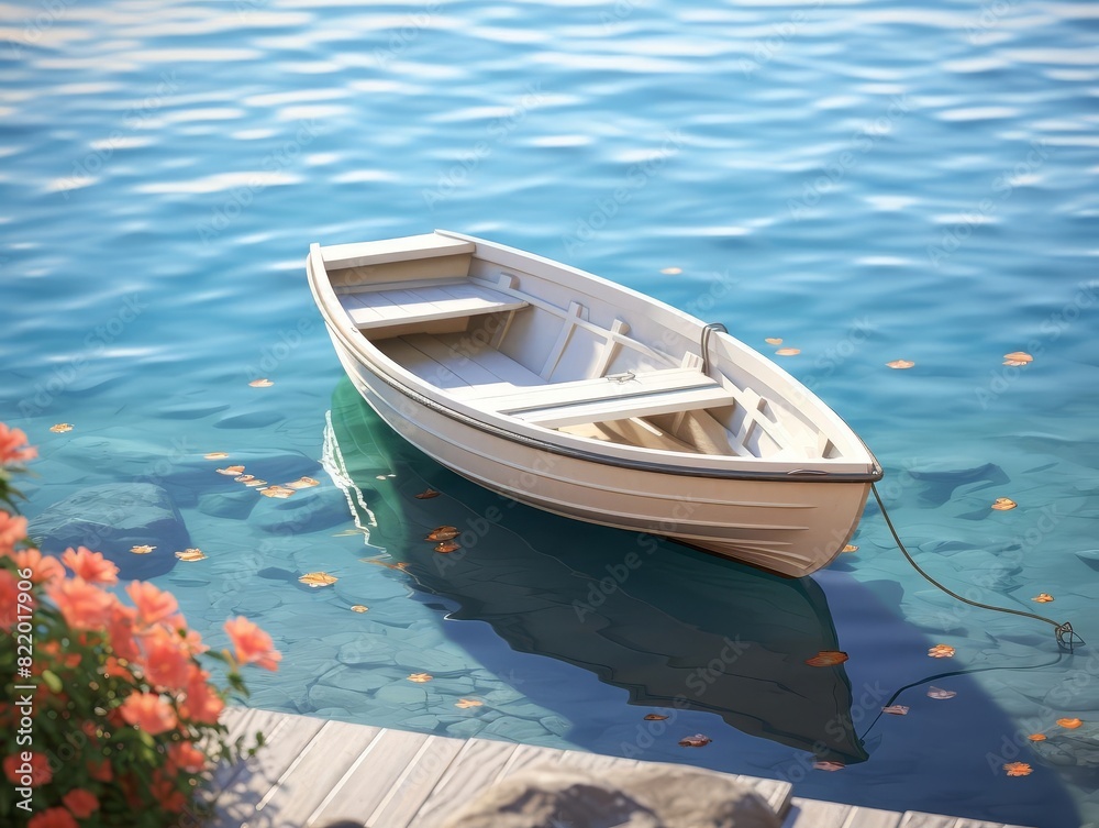 Tranquil rowboat floating on calm waters near a dock with blooming flowers on a sunny day, reflecting peace and serenity. Tranquil rowboat floating on calm waters near a dock with blooming flowers on a sunny day, reflecting peace and serenity.