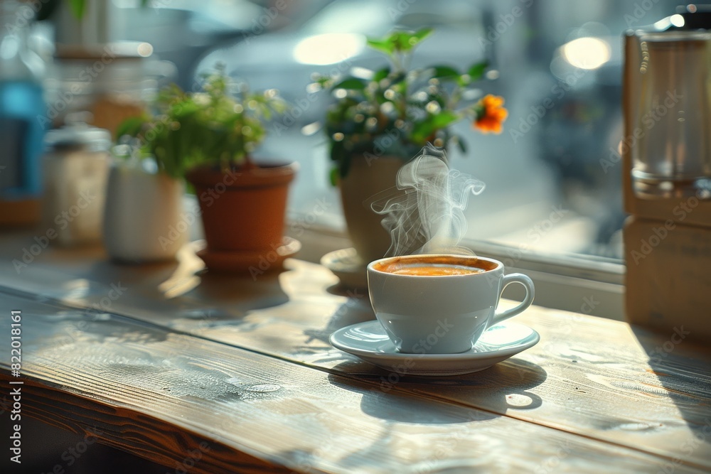 A white coffee cup with steam rising from it sits on a wooden table in a cafe