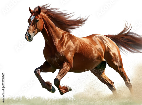 Create an image of a horse dancing in a field against a white backdrop
