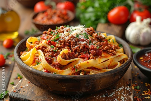 Tagliatelle al Raga: Fresh tagliatelle pasta served with a rich and meaty Bolognese sauce, garnished with grated Parmesan photo