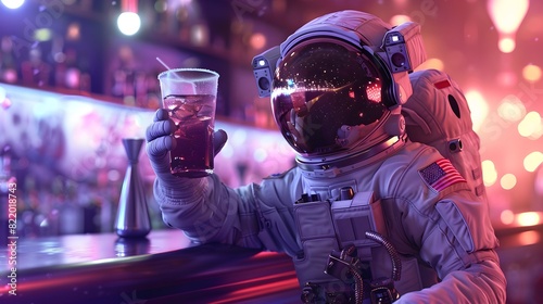Astronout in club with neon-lit bar background photo
