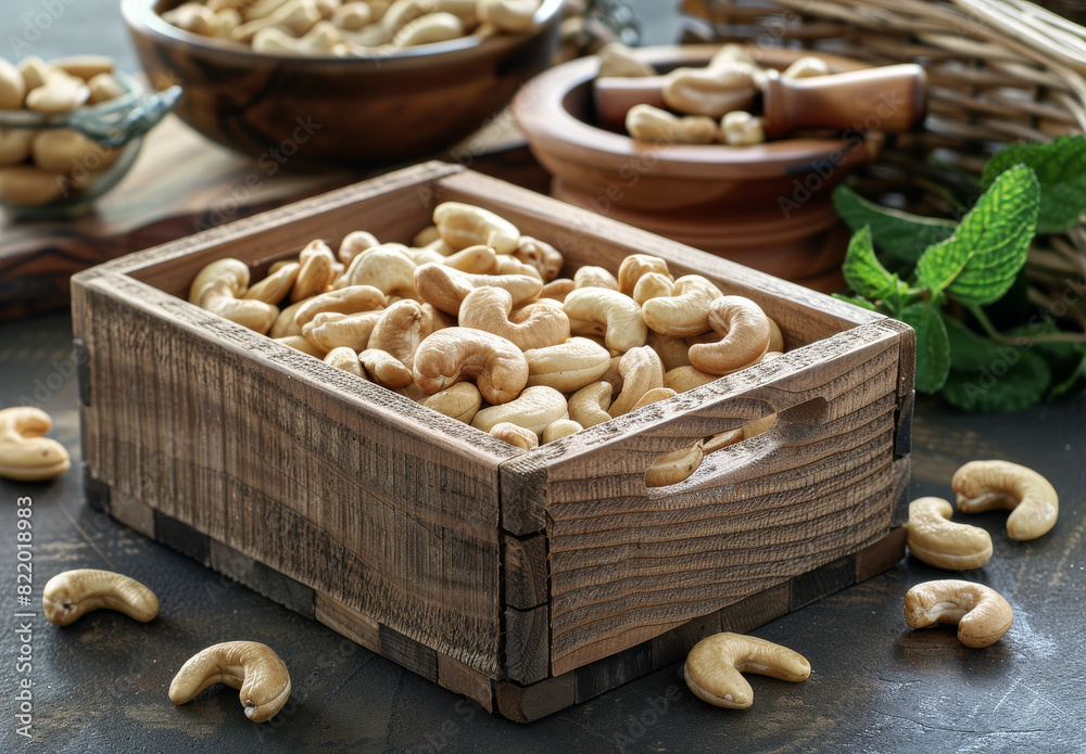 Wooden box with nuts on table