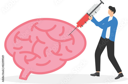 illustration of businessman holding syringe to inject liquid and light bulb into the brain, Concept of inspiration-ideas-innovation injections
