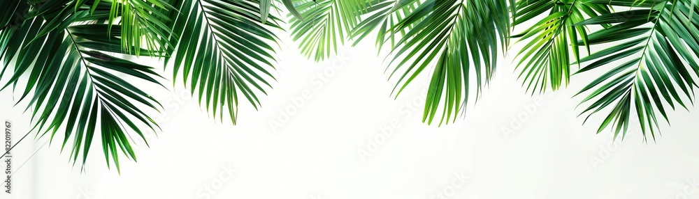 Obraz premium palm leaves on white background, in the style of glitch art, architectural abstractions, webcam photography, de stijl, high quality photo, richly layered, cityscape abstraction