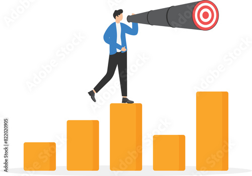 Search for business target or goal concept, mission or objective to achieve to reach goal or destination, businessman on statistics graph look through telescope to find target or goal
