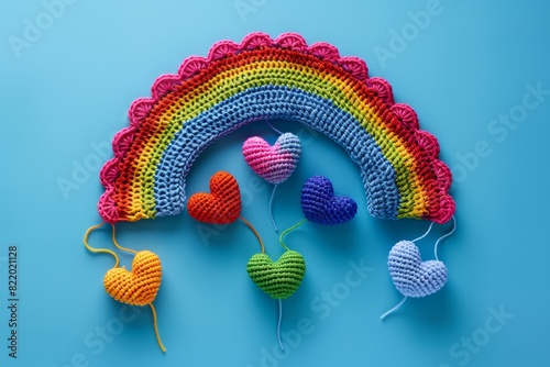 A colorful crocheted rainbow with five small hearts hanging from it on a blue background.