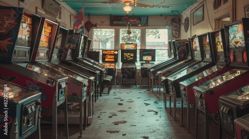 A classic arcade with rows of vintage pinball machines and arcade games.