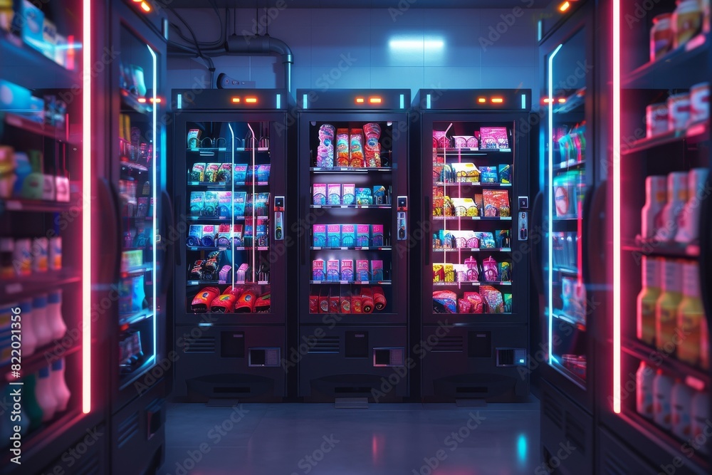 Futuristic vending machines full of beverages and food