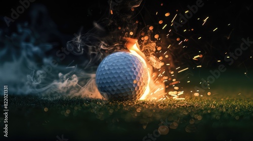 A golf ball blazing with fire, frozen in action against a dark backdrop, with the floodlights illuminating the pitch to create a striking contrast and sense of motion