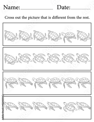 Sea Turtle Puzzle. Printable Activity Page for Kids. Educational Resources for School for Kids. Kids Activity Worksheet. Find the Different Object