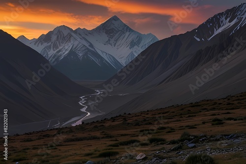 Sun set over hispar pass in karakoram mountain range very remote place on the biafo hispar trek
