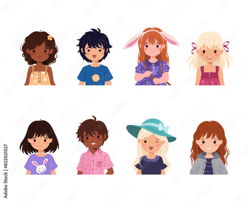 Head portrait set with cute children, funny boys and girls avatars in casual clothes. Preschool and school child characters, isolated flat vector illustration on white background. Head portrait set with cute children, funny boys and girls avatars in casual clothes. Preschool and school child characters, isolated flat vector illustration on white background.