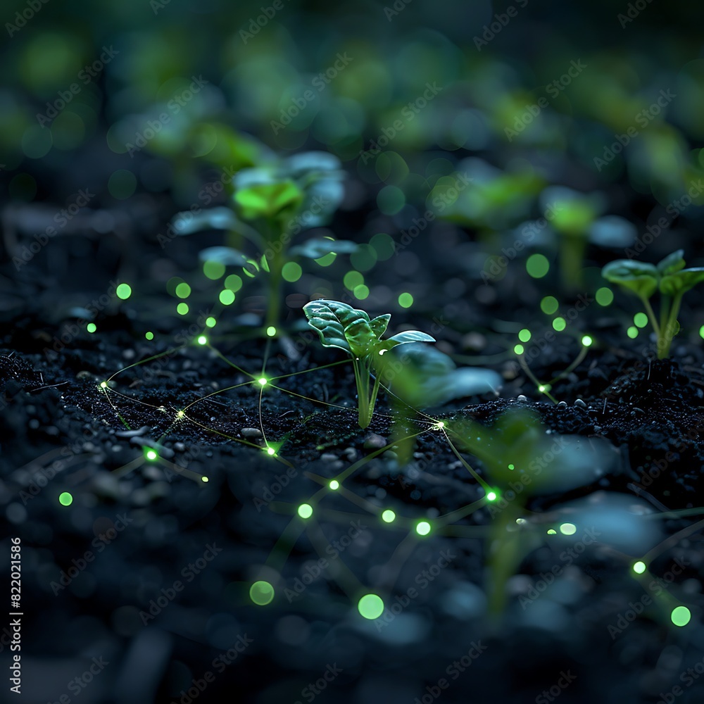 Close-up of small green plants growing in dark soil with glowing lights around them, symbolizing new life and growth in a mystical setting. Close-up of small green plants growing in dark soil with glowing lights around them, symbolizing new life and growth in a mystical setting.
