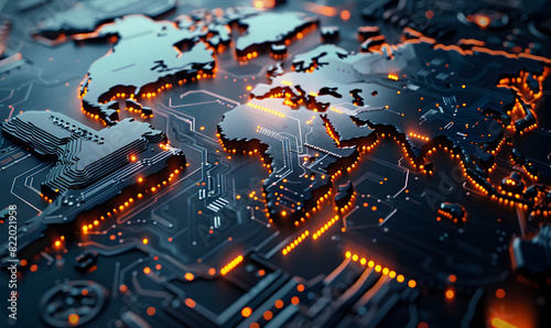 The illuminated digital map of the world is engraved on a dark printed circuit board Innovative Futuristic digital world map with glowing connections illustrating global communication suitable for . photo