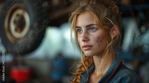 Amidst the industrial aesthetics of a garage and car wheel, a young and congenial woman mechanic's portrait beautifully displays her capability and charm.