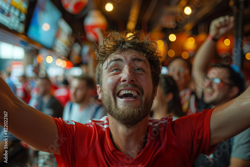 Man in red shirt cheering in bar