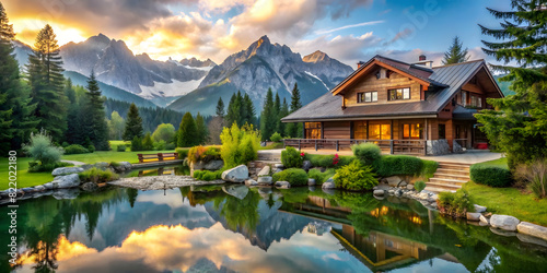 background of a modern house against the backdrop of mountains