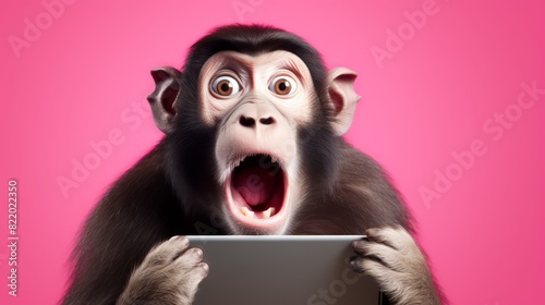 A surprised monkey stares at a tablet in front of a pink background.