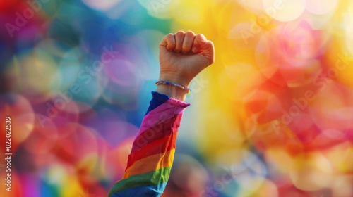 A raised fist in the air, adorned with a rainbow sleeve, symbolizing unity and pride against a colorful background. photo