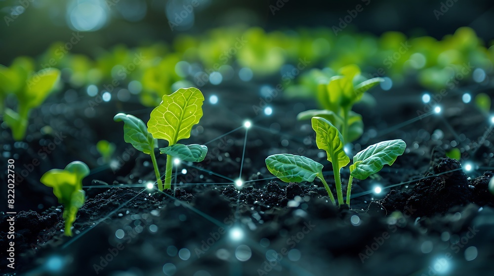 Close-up of young green plants growing in soil with digital network overlay, symbolizing modern agriculture and technology integration. Close-up of young green plants growing in soil with digital network overlay, symbolizing modern agriculture and technology integration.