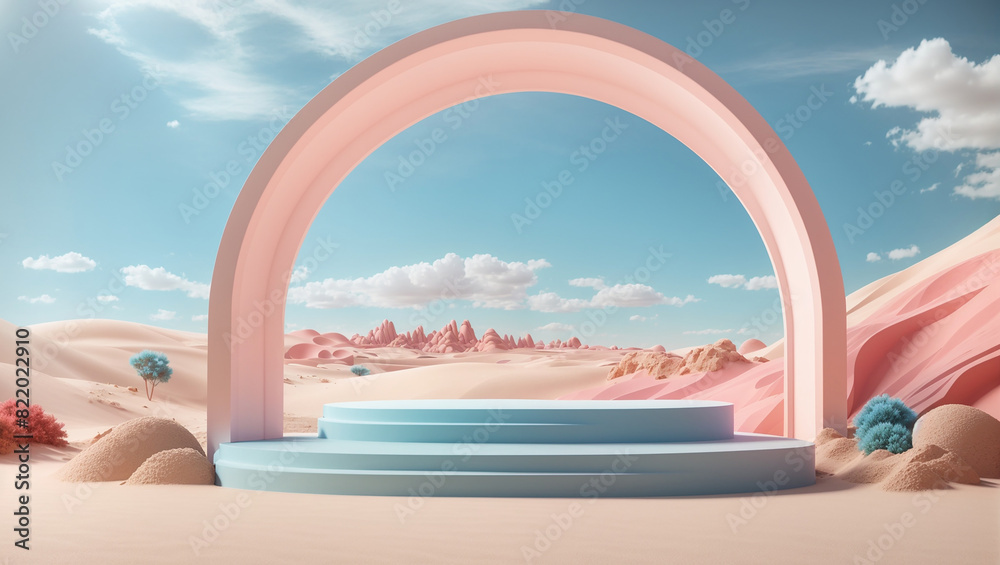 This is a 3D rendering of a stage set. The foreground has a large pink and blue podium, with a blue archway in the background. There is a pink landscape with blue water and pink mountains behind the a