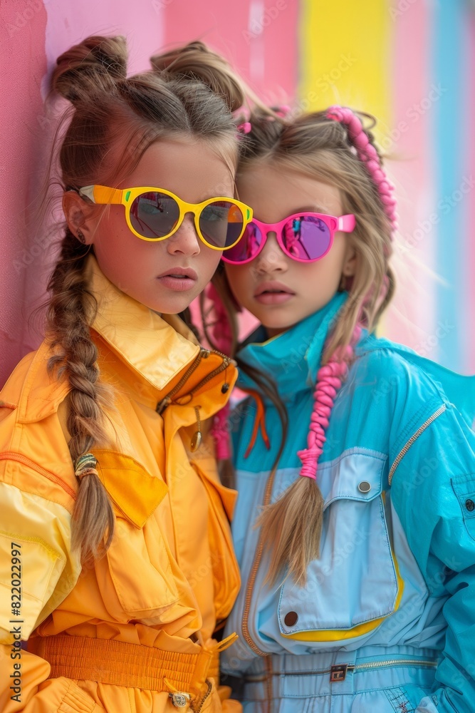 Two little girls wearing colorful sunglasses in front of colorful wall