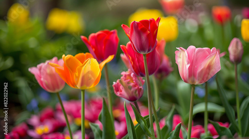 Beautiful colorful tulips growing in flower bed select
