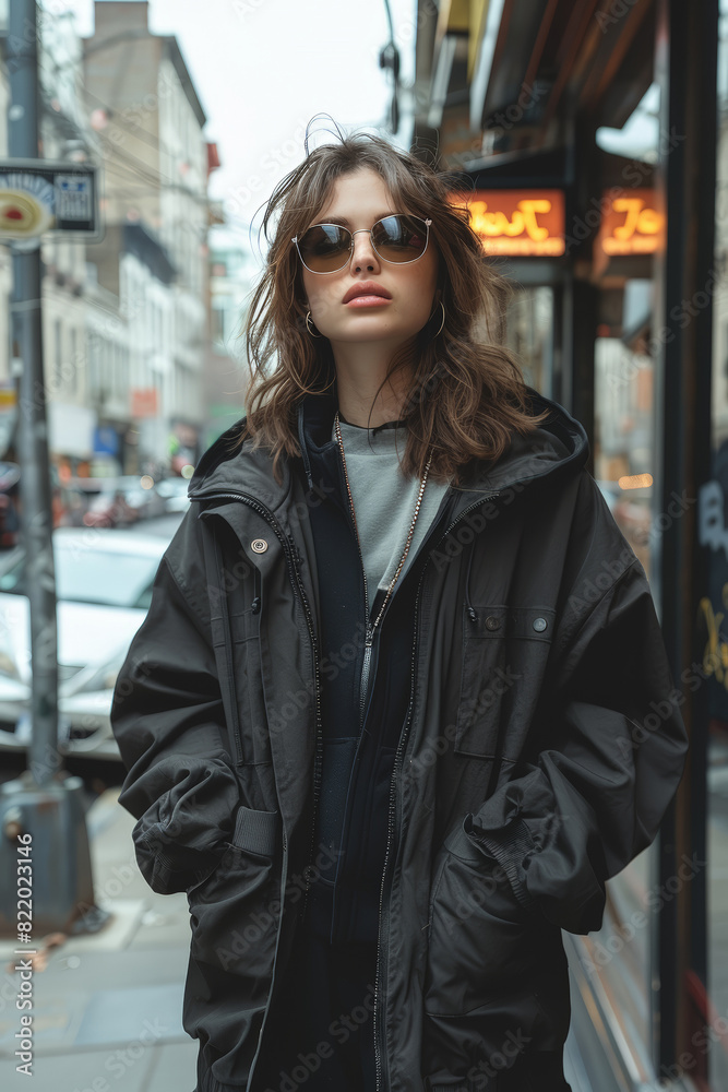 Stylish woman in black jacket and sunglasses on sidewalk Stylish woman in black jacket and sunglasses on sidewalk