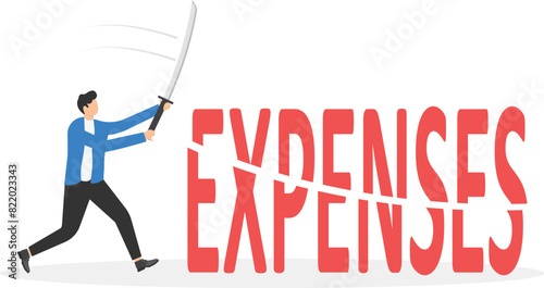 Businessman trimming a word expenses using a lawnmower, cutting expenses, Economy and save money concept,
