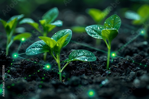 Close-up of young green plants sprouting from soil, adorned with water droplets, illuminated by gentle light, representing growth and nature. photo