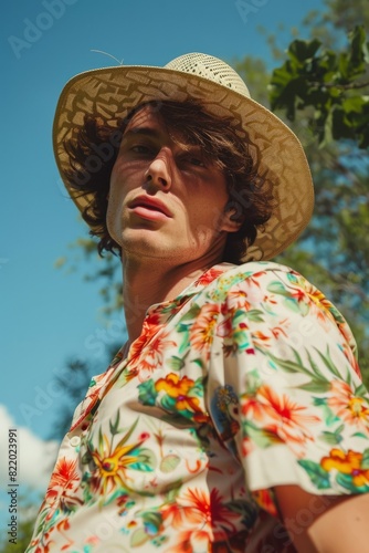 Young model in Hawaiian shirt and straw hat enjoying a sunny day