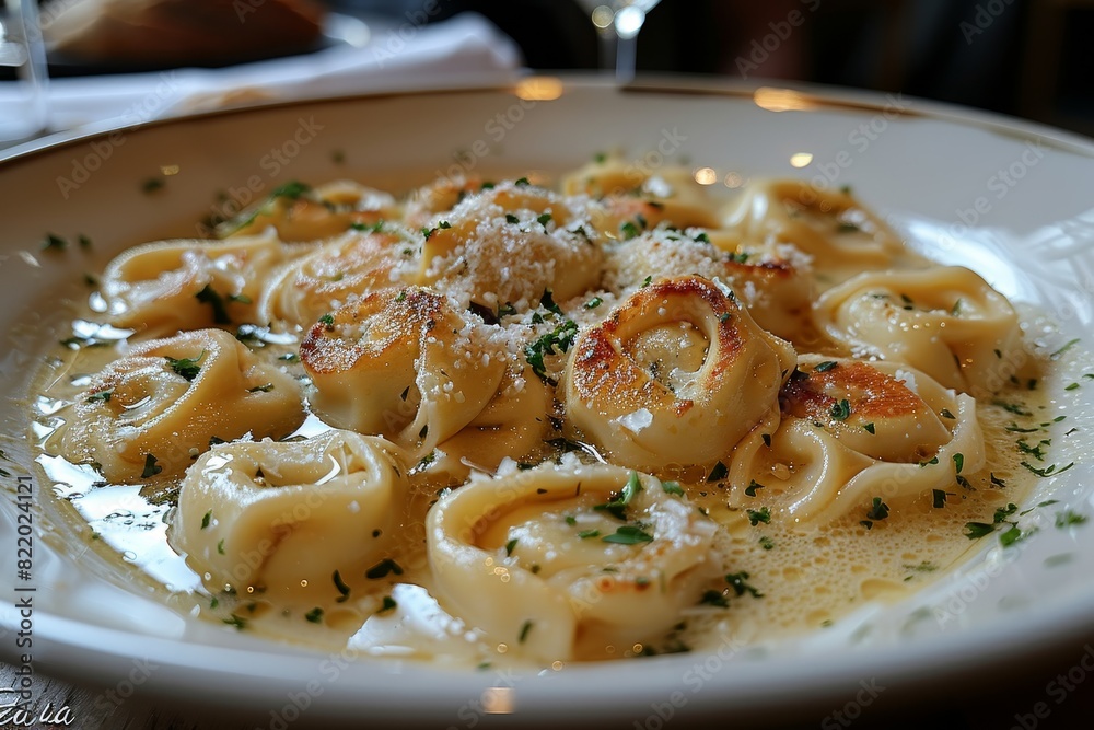 Tortellini in Brodo: Small stuffed pasta served in a clear, rich broth, garnished with grated Parmesan Tortellini in Brodo: Small stuffed pasta served in a clear, rich broth, garnished with grated Parmesan