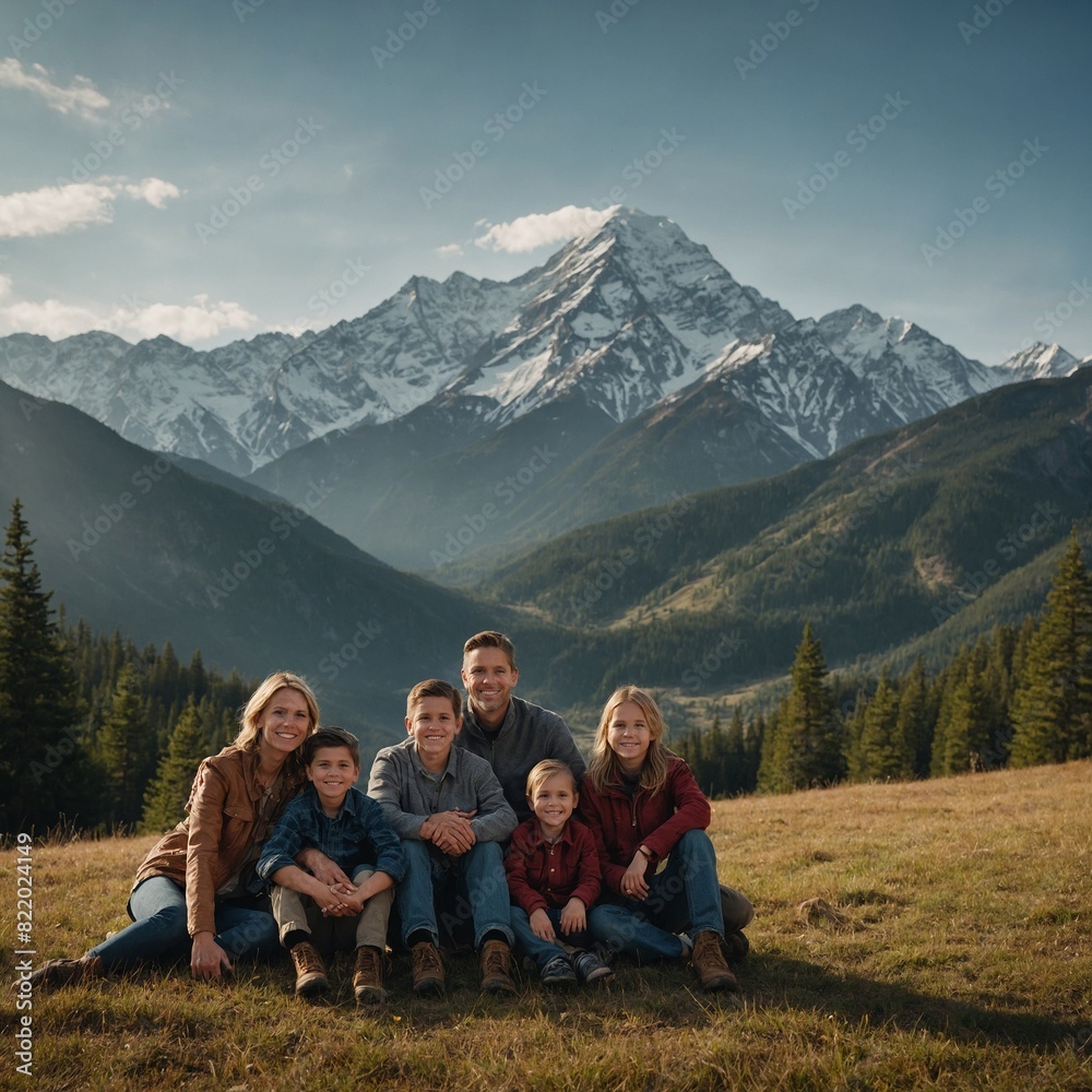 A family posing for a group photo with a stunning mountain range in the background.

