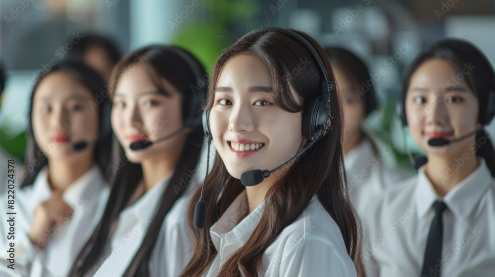 Customer support agent or call center in headset working at customer service office. Customer support agent or call center in headset working at customer service office.