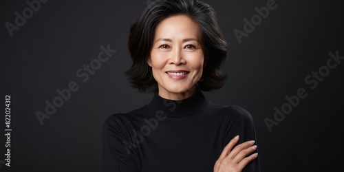 Black Background Happy Asian Woman Portrait of Beautiful Older Mid Aged Mature Smiling Woman good mood Isolated Anti-aging Skin Care Face Beauty 