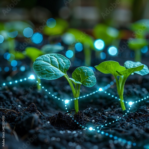 Close-up of young green seedlings growing in soil with futuristic digital technology overlay, representing modern agriculture.