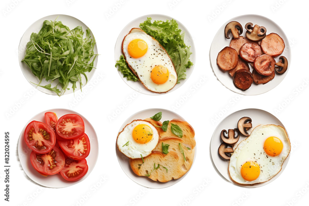 Culinary Symphony: Eggs, Mushrooms, Tomatoes, and Peppers on Four Plates on a Clear PNG or White Background. Culinary Symphony: Eggs, Mushrooms, Tomatoes, and Peppers on Four Plates on a Clear PNG or White Background.