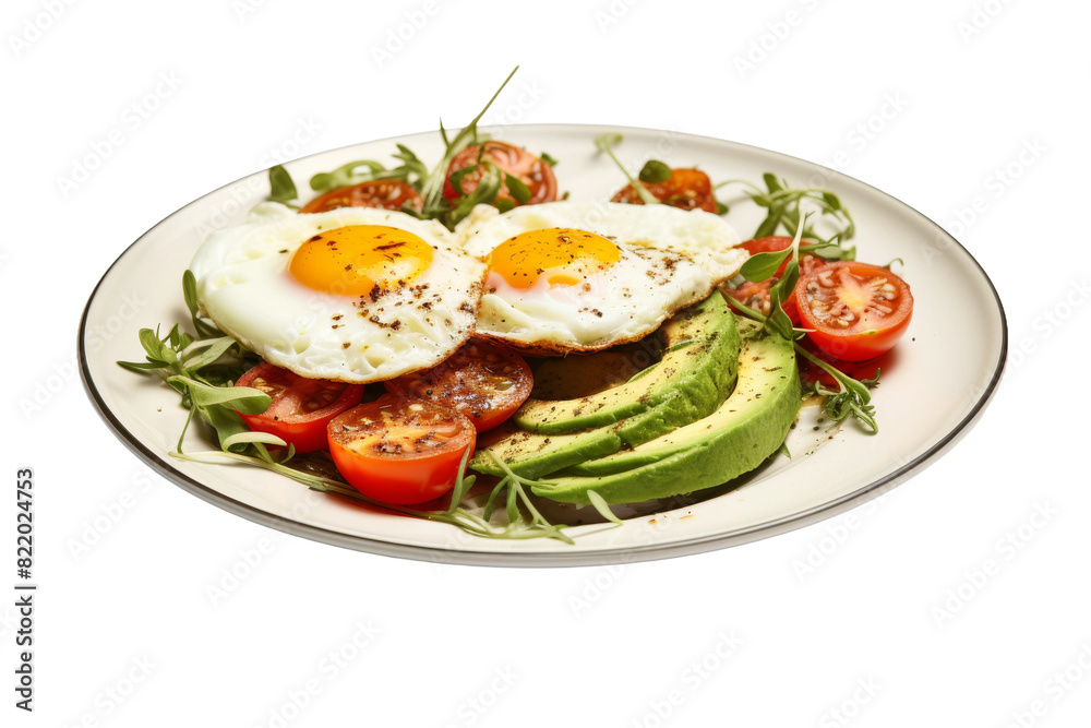 Heavenly Brunch: A White Plate Adorned With Fresh Eggs and Creamy Avocado on a Clear PNG or White Background. Heavenly Brunch: A White Plate Adorned With Fresh Eggs and Creamy Avocado on a Clear PNG or White Background.
