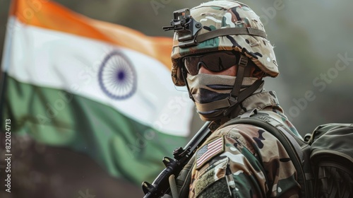 Indian soldier with national flag. Independence day concept, 15th August