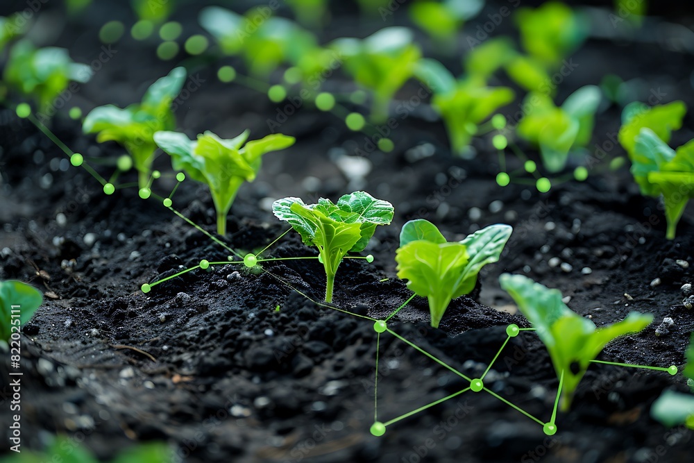 Close-up of young lettuce plants in fertile soil with conceptual network connections symbolizing smart agriculture technology. Close-up of young lettuce plants in fertile soil with conceptual network connections symbolizing smart agriculture technology.