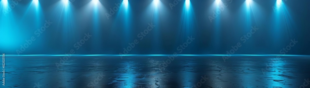 Obraz premium Dimly lit empty stage with blue spotlights creating a dramatic effect on the wet floor surface, perfect for backgrounds or presentations.
