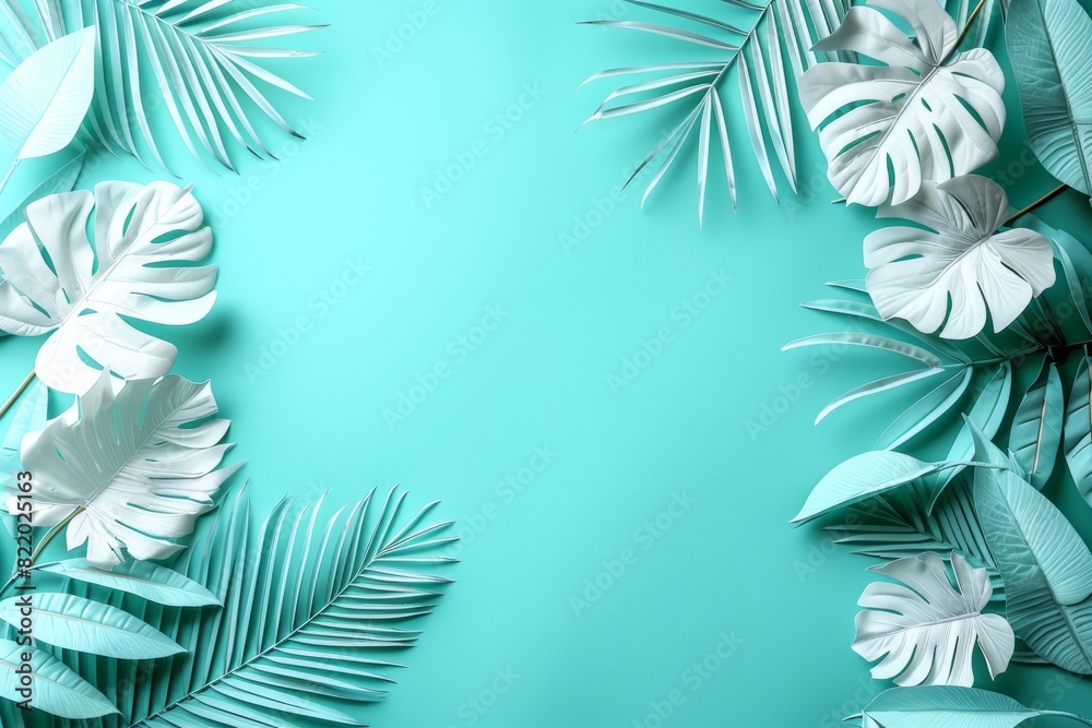 White tropical leaves frame a turquoise background. Perfect for summer or vacation themed designs. White tropical leaves frame a turquoise background. Perfect for summer or vacation themed designs.