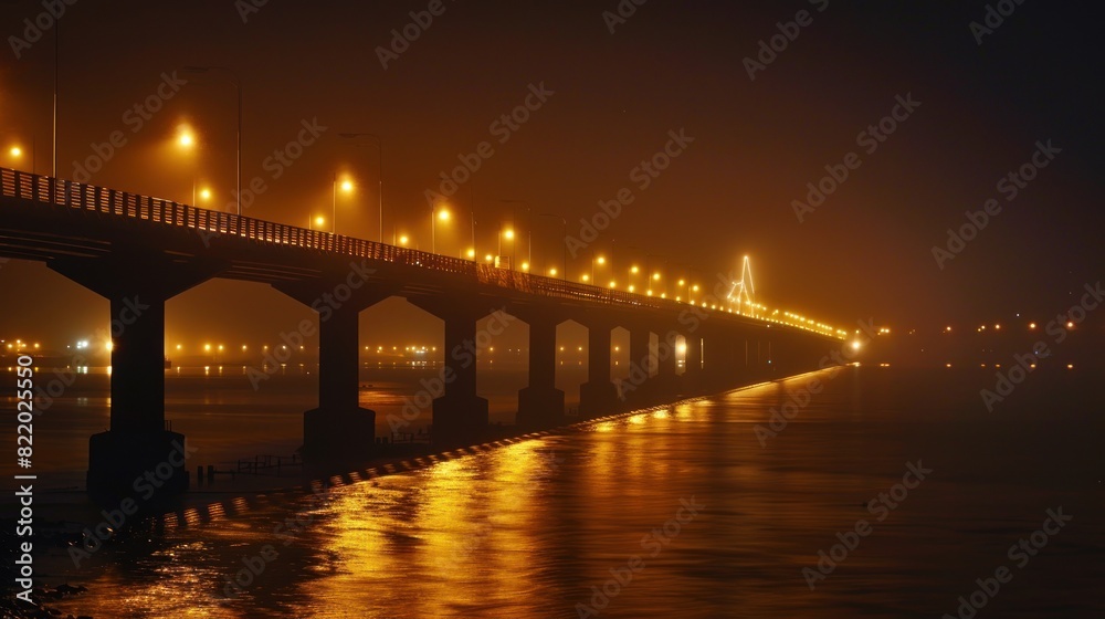 Reflection of bright lanterns in the Dnieper river under the bridge Reflection of bright lanterns in the Dnieper river under the bridge
