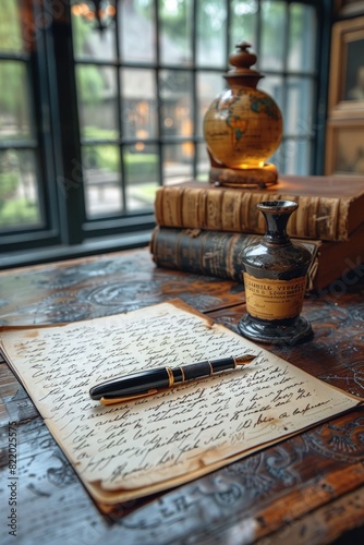 Vintage fountain pen beside old book on table
