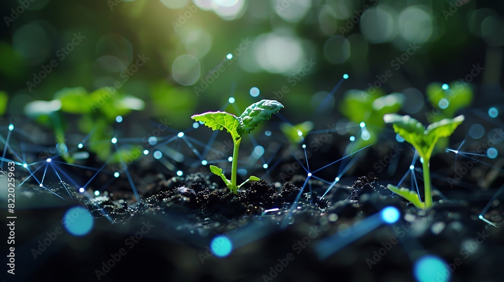 Close-up of young plants growing in soil with abstract digital network connections, representing agriculture technology and innovation. Close-up of young plants growing in soil with abstract digital network connections, representing agriculture technology and innovation.