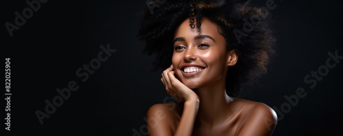Black background Happy black independant powerful Woman Portrait of young beautiful Smiling girl good mood Isolated on Background Skin Care Face Beauty Product 